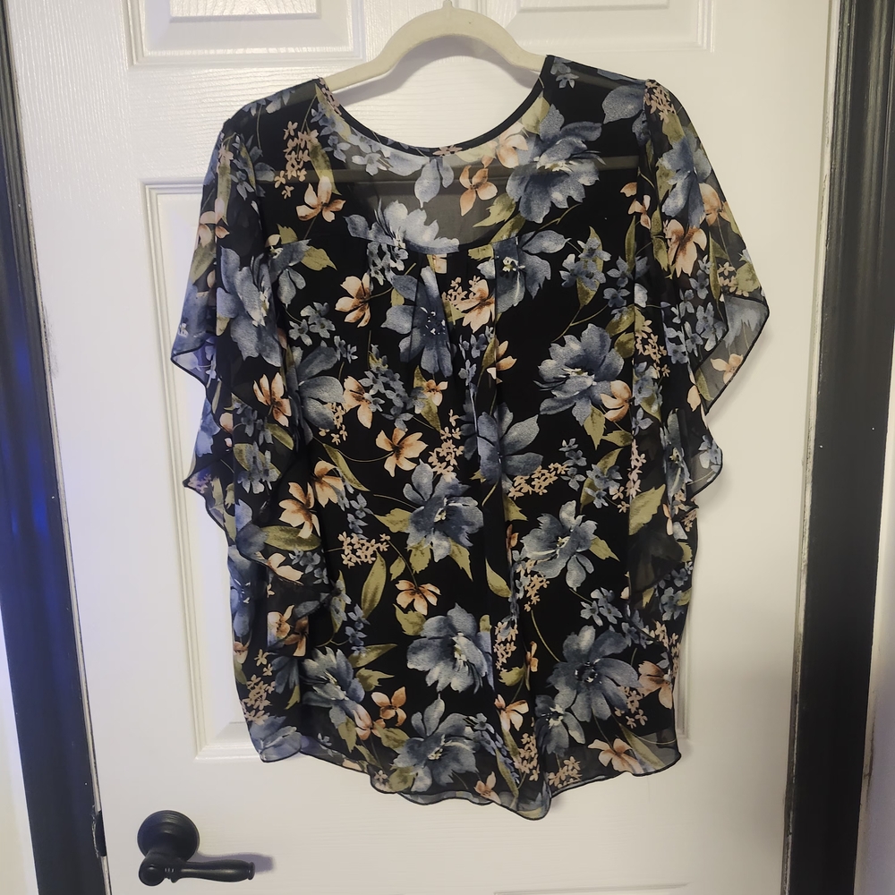Floral Chiffon Blouse - Black and Blue